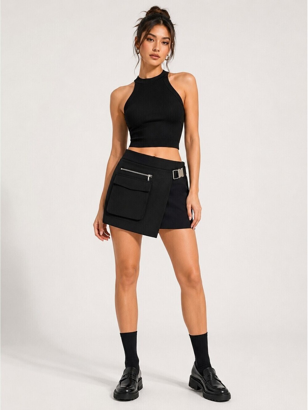 Zara Black Cargo Utility Wrap Skort Buckle Pocket Women’s S